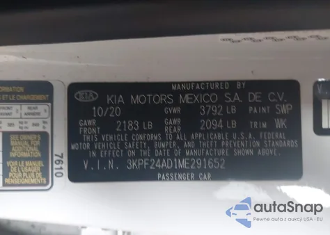 2021 Kia Forte Lxs z USA, uszkodzony, nr VIN 3KPF24AD1ME291652